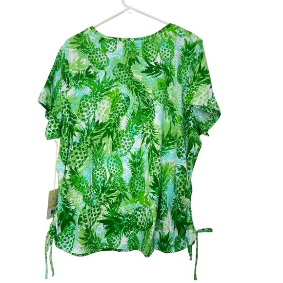 Caribbean Joe Womens 2X Green Leaf Print Top Shirt Cotton/Spandex Short Sleeve - Picture 11 of 12